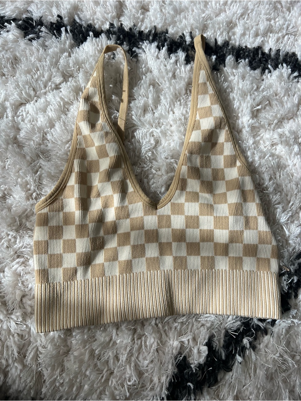 Garage Beige & White Checker Knit Bandeau Bralette